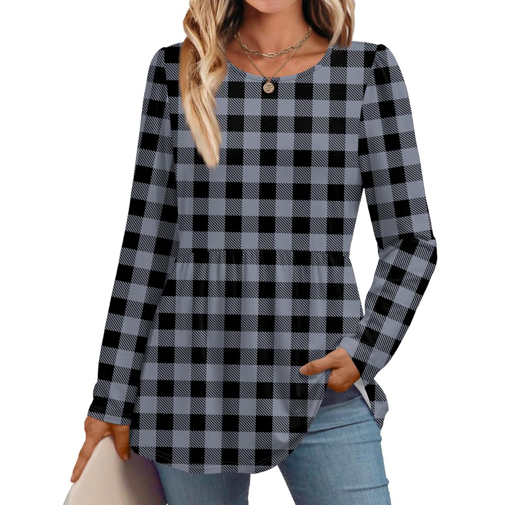 Women's Casual Fashion Long Sleeve Shirt Plaid Printed Tunic Top