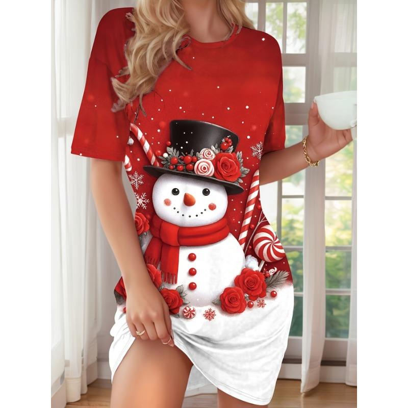 European and American Women's Fashion Cartoon Red and White Snowman with Candy Cane Print Casual Pajamas.