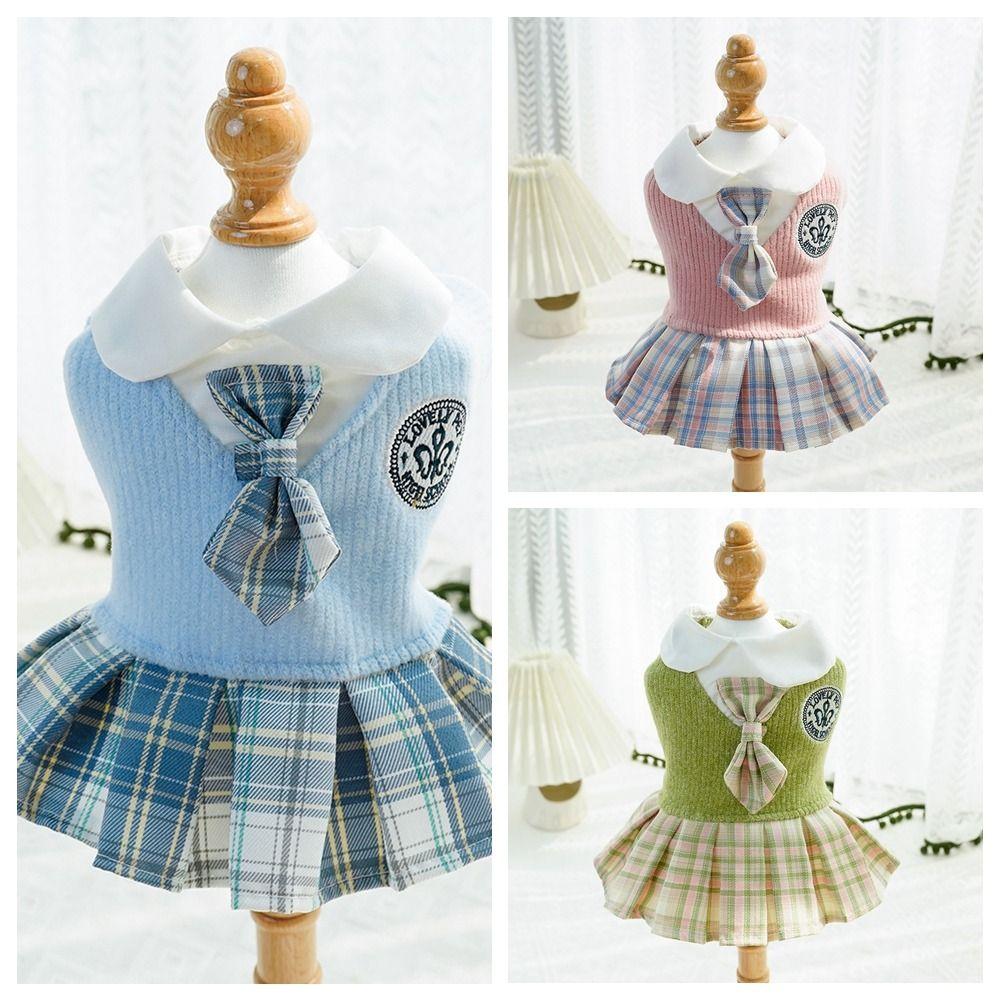 Knitted Pet JK Plaid Skirt Kawaii Dog Dress School Uniform Cat Clothes Small Medium Dogs