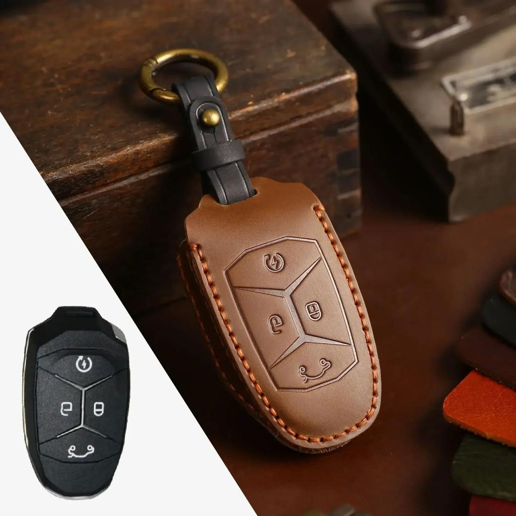 Leather car key case cover holder keychain shell bag for LYNKCO 01 02 03 05 06 09 4 button remote key full cover holder