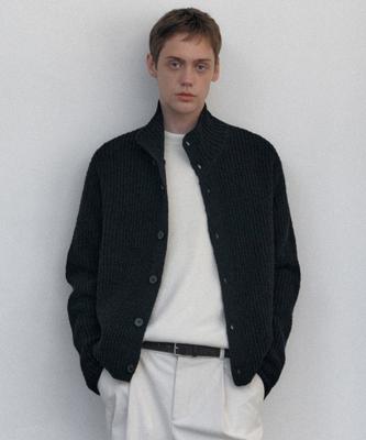 Boucle Ribbed High-Neck Cardigan [Black]