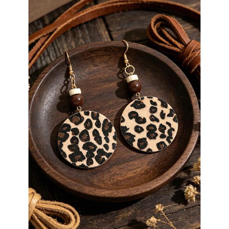 1 Pair Fashionable Sexy Leopard Print Beaded Leather Earrings, Women's Stylish Geometric Round Leopard Print Leather Earrings