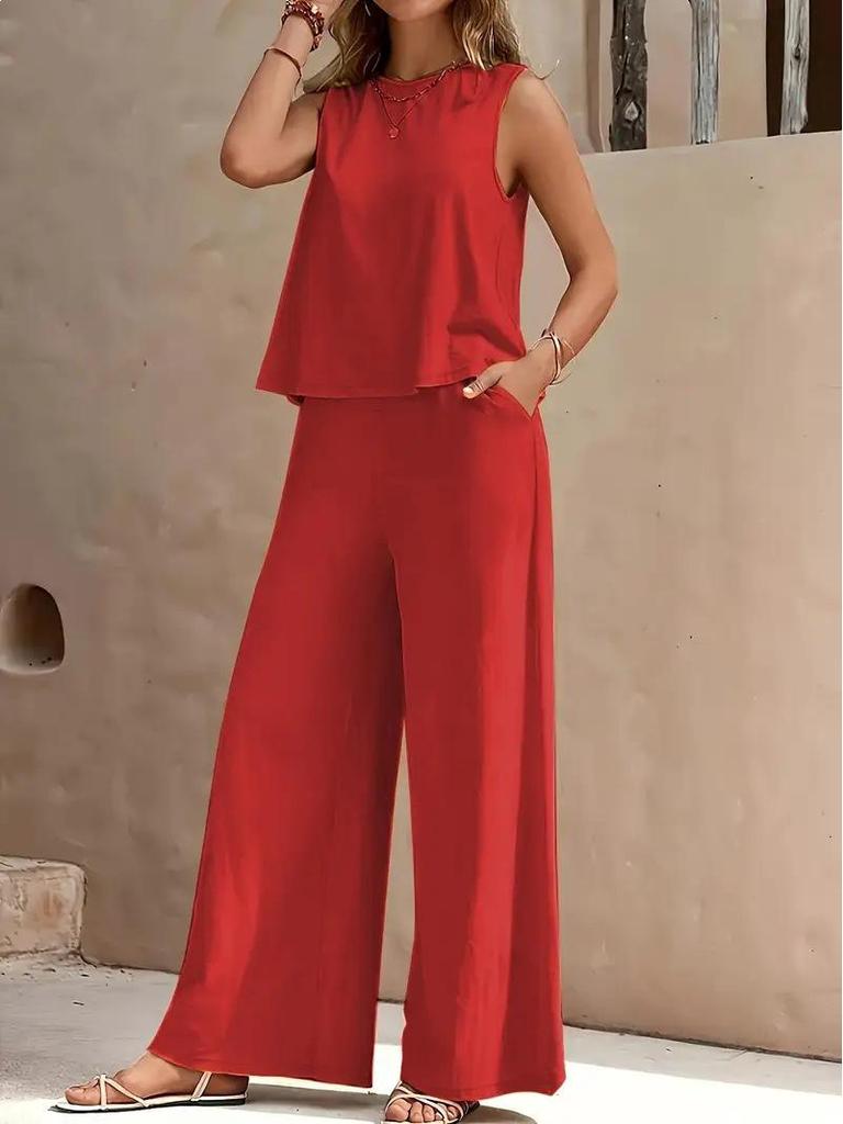Elegant 2025 Solid Color Crew Neck Tank Top & Wide-Leg Pants Set for Women