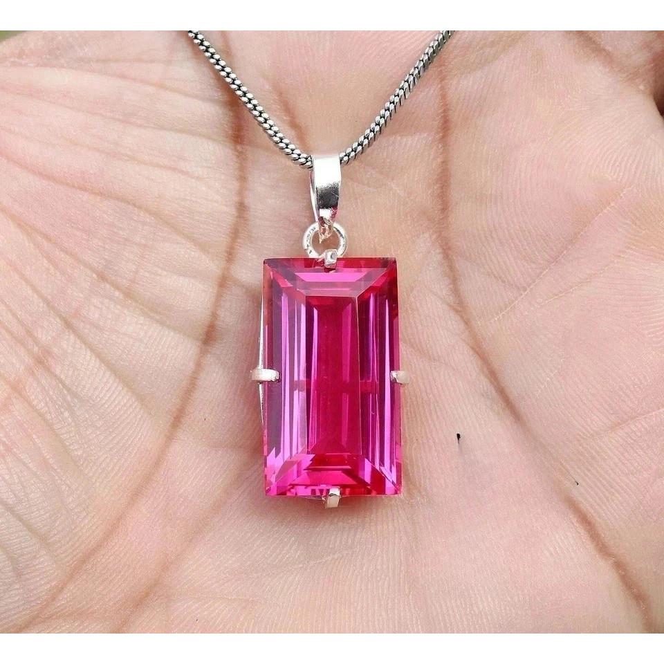 Natural Certified Pink Sapphire 30.17 Ct Baguette Gem 925 Solid Silver Pendant