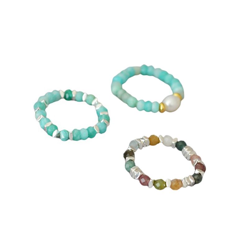 Summer Vintage Natural Stone Colorful Beaded Ring Personalized Simple Elastic Finger Ring Jewelry