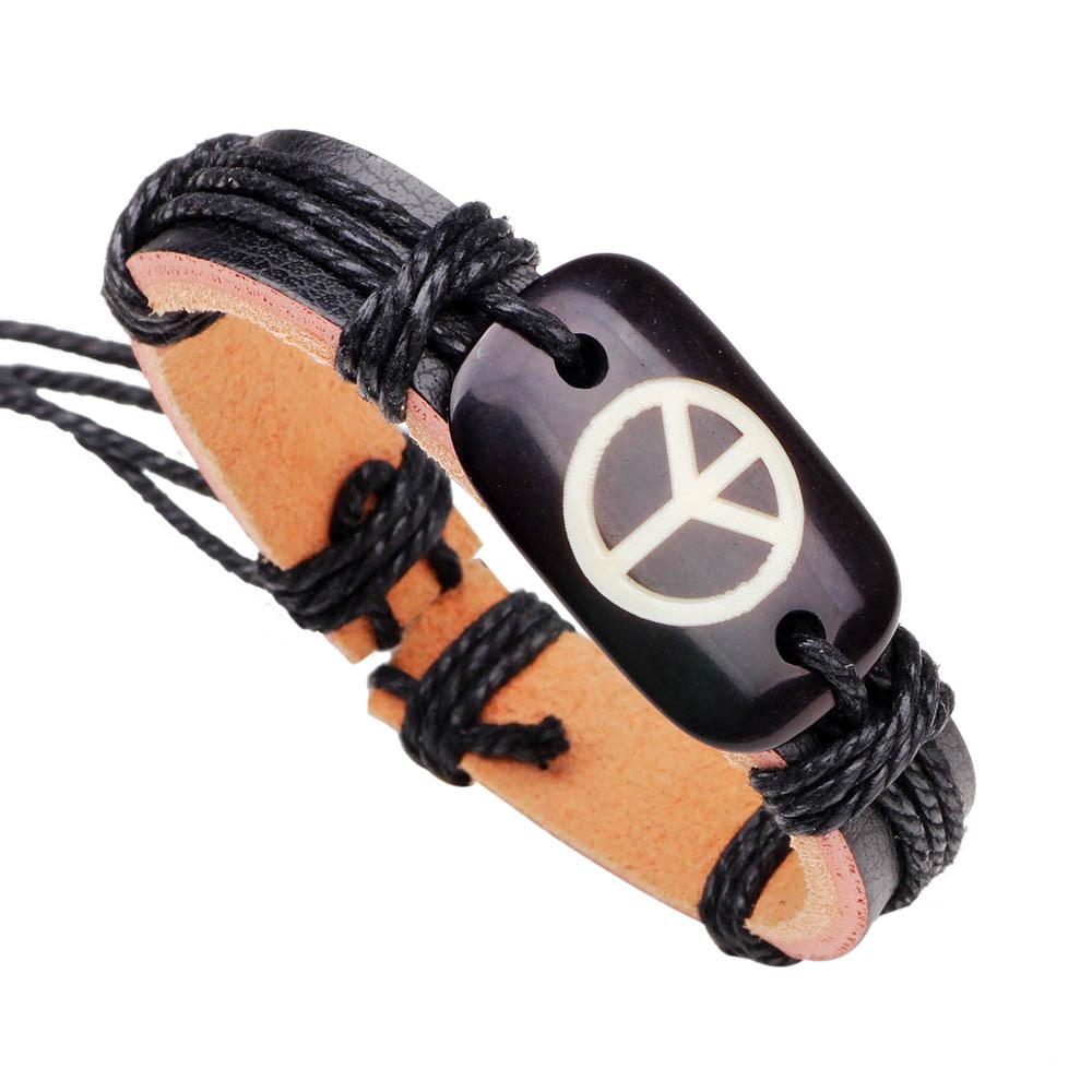 JMXD Vintage Leather Bracelet Peace Symbol Braided Pull String Adjustable Taiji Yin Yang Wrap Bracelet Unisex Boho