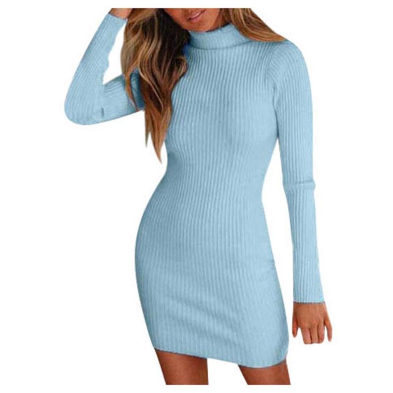 

Трикотажное осеннее платье с высоким воротом, женская одежда, облегающее платье с темпераментом и обтягивающим низом, платья 5XL светло-синий
