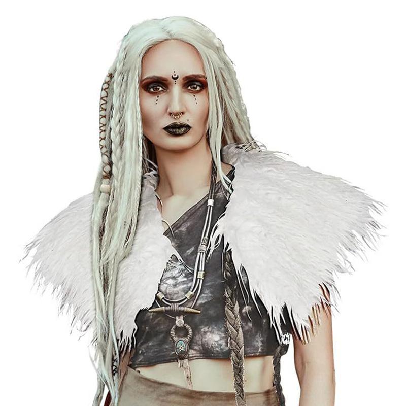 

Меховой воротник Зимняя одежда Плащ воина Шаль королевы викингов Элегантная шаль из искусственного меха белый