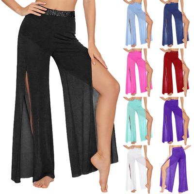 Pantaloni a gamba larga in rete scintillante da donna S-XXL con vita strass e intimo integrato per danza lirica e performance sul palco