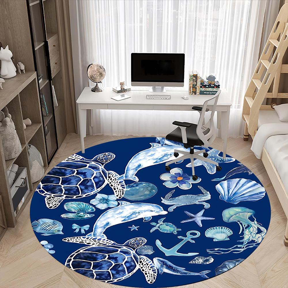 1PC Ocean Life Office Round Area Rug, Mat Suitable For Office, Under Office Chairs Bedroom Living Room Home Decor, Room Deco