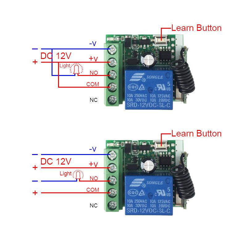 DC 12V 10A RF Relay Receiver 433mhz Wireless Remote Control EV1527 Learning Code Transmitter 2 bottons