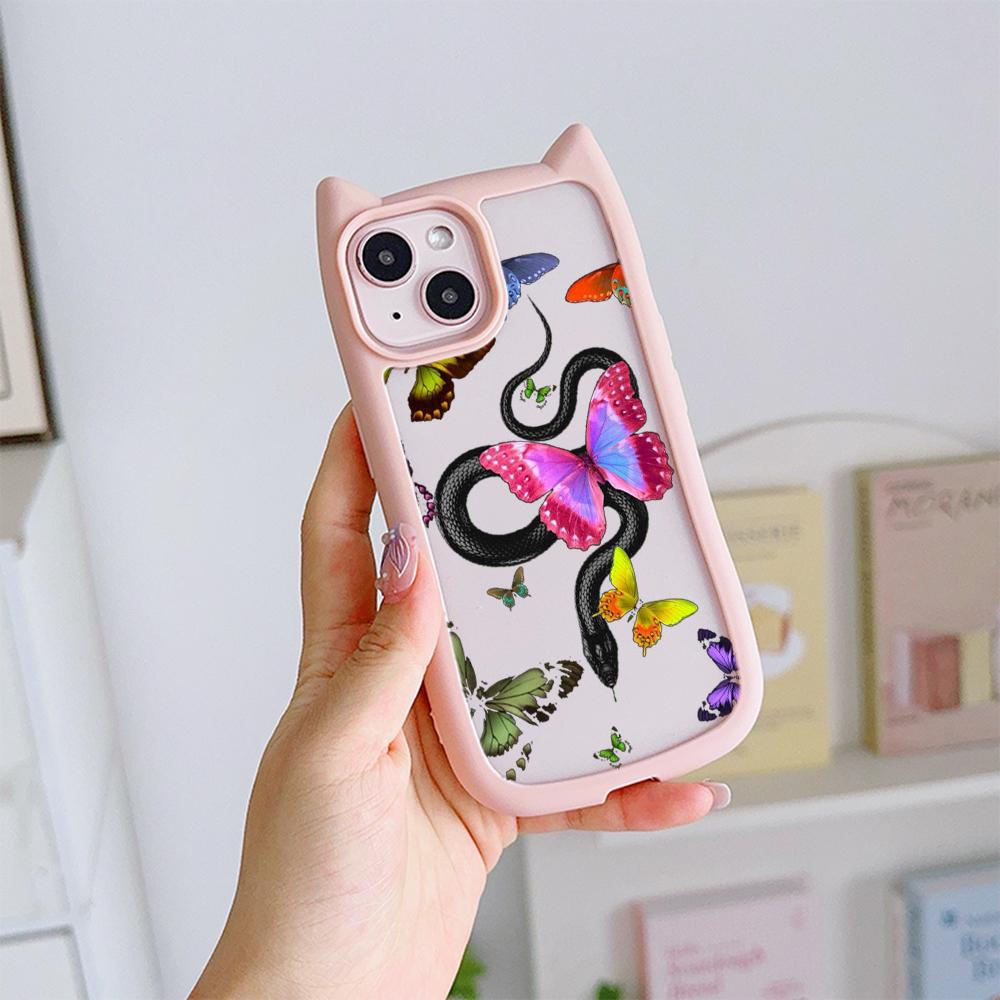 Soft Cat Ear Phone Cases for iPhone 16 15 13 12 11 Pro Max 14 Plus XR TPU Anti-Drop Transparent Acrylic Back Cover N77 Butterfly Black Gold Snake