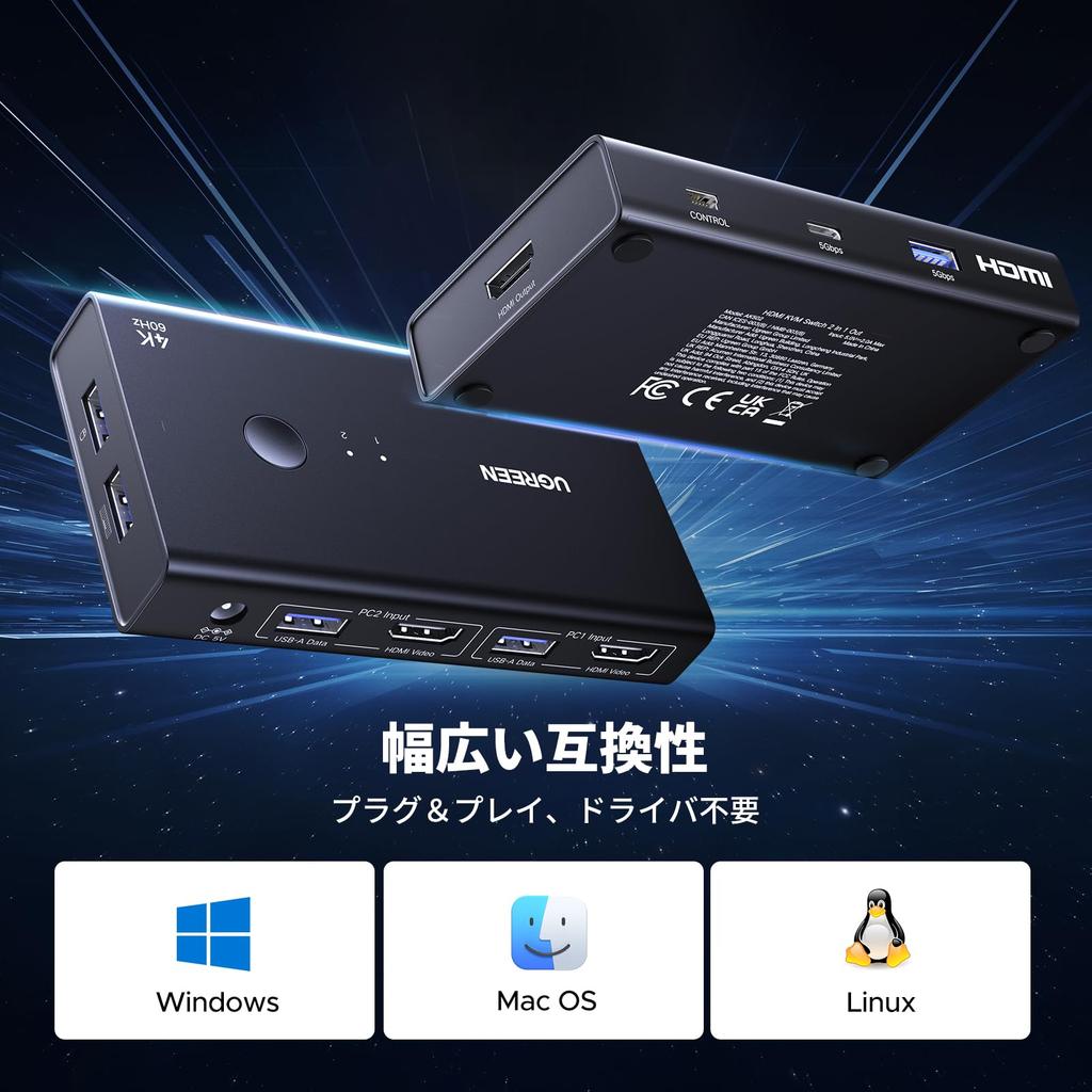 UGREEN HDMI KVM Switch, 2 Inputs/1 Output, 4K@60Hz, 1 Monitor & 2 PCs, 4*USB3.0 Ports, Share Keyboard, Mouse, Printer, and Monitor Between Two PCs, In