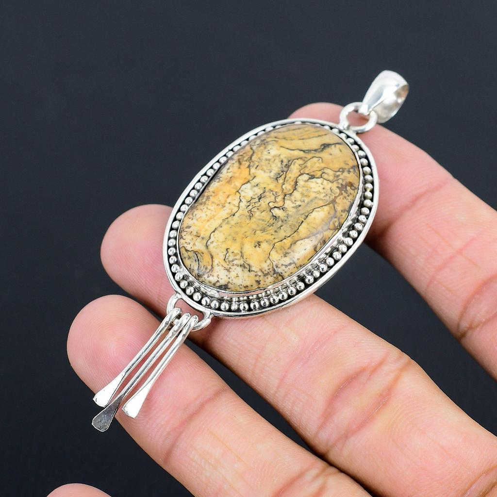Oval Picture Jasper Gemstone Art Deco Sister Pendant Jewelry 925 Sterling Silver