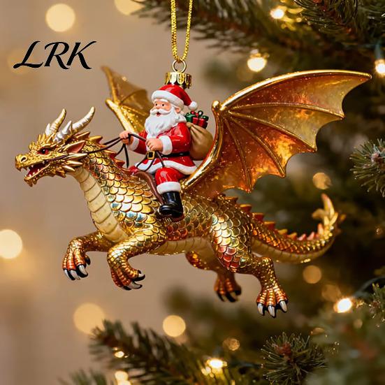 Fantasy Style Ornament Santa Claus Dragon Rider Christmas Ornament, 2D Acrylic Red Durable Resin Decoration with Flying Tree Hanging Decorations
