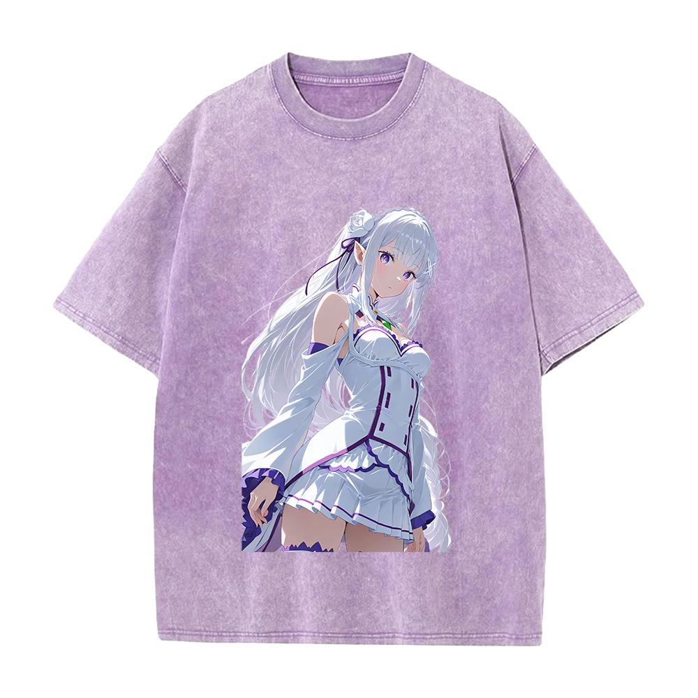 Manga Re ZERO Starting Life in Another World Emilia Printed Tee Men Women Washed Cotton T-shirt Vintage T Shirt Harajuku Tshirt