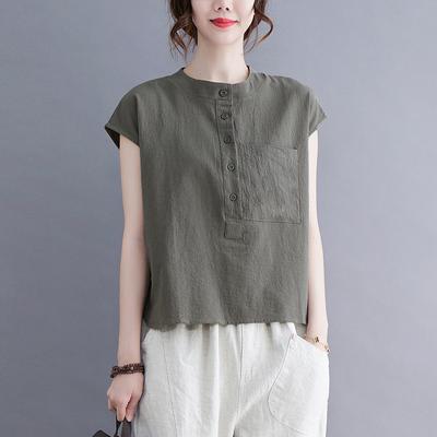 Summer Literature Loose Solid Color Cotton Linen Standing Collar Short Sleeved Shirt Women's Shirt Top Blouses & Shirts