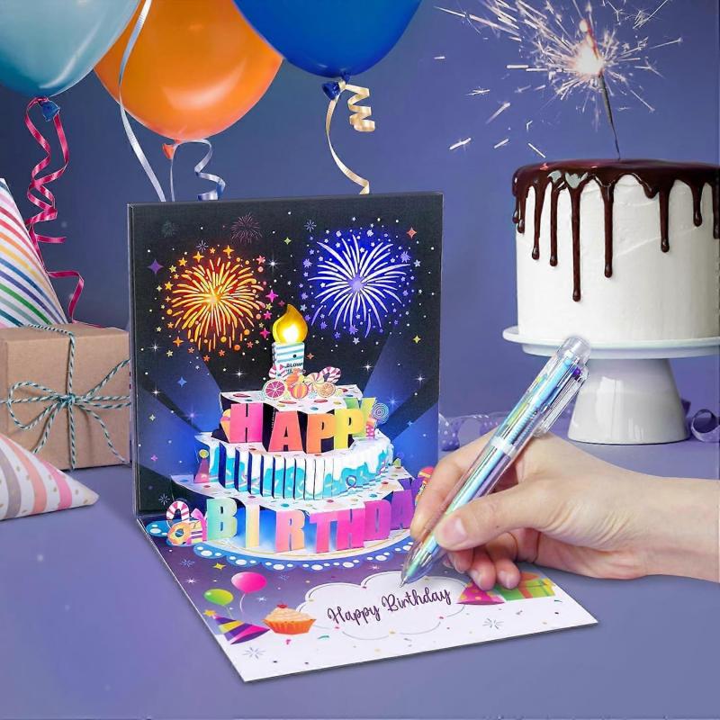 Birthday Cards Fireworks Pop Up Cake Blowable Light and Music Happy Birthday Card Gifts for Women Men Mom Kids