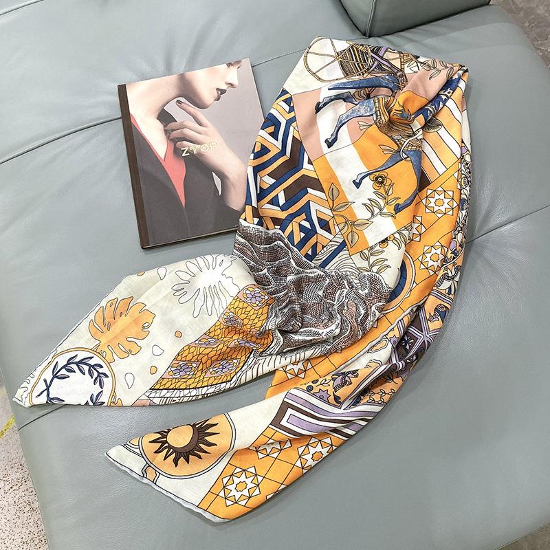 Scarf Women's Spring and Autumn New High-end Printed Decorative Large Square Scarf Temperament Curled Edge Outside Warm Shawl Scarf