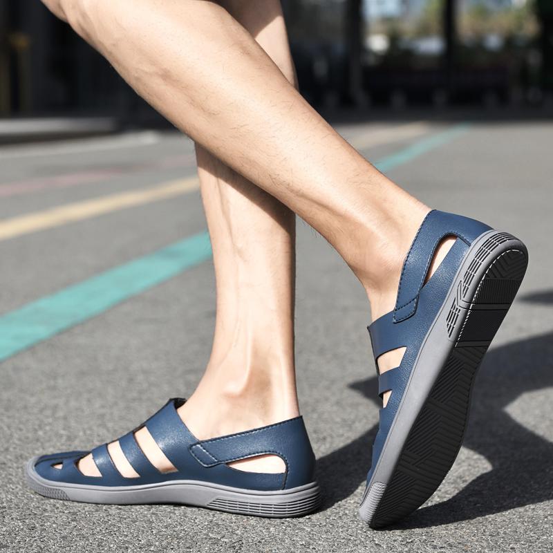 Fashion Casual Outdoor Sandals Split Leather Men Summer Vacation Beach Non-Slip Hollow Out Shoes Comfort Soft Sole Retro Style Sandals