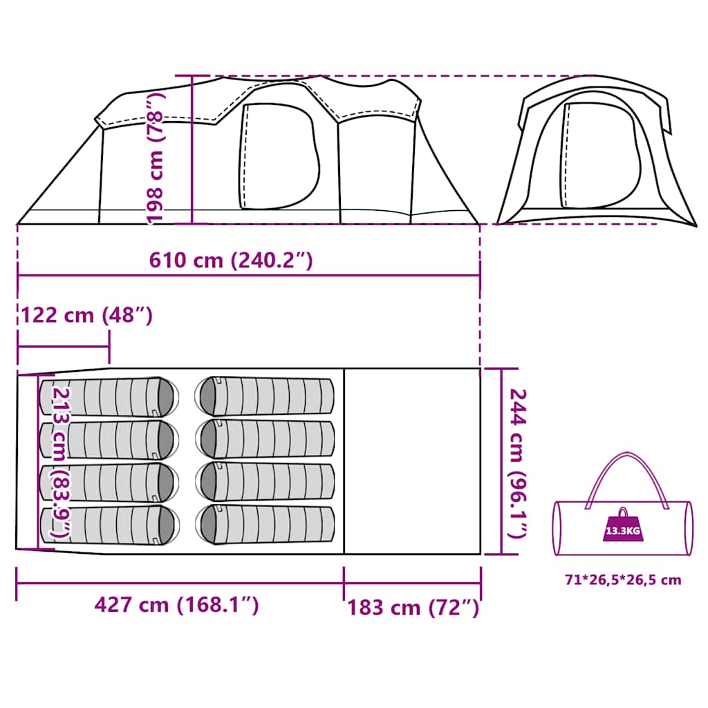 Tunnel Family Tent for 8 Persons Grey and Orange Waterproof