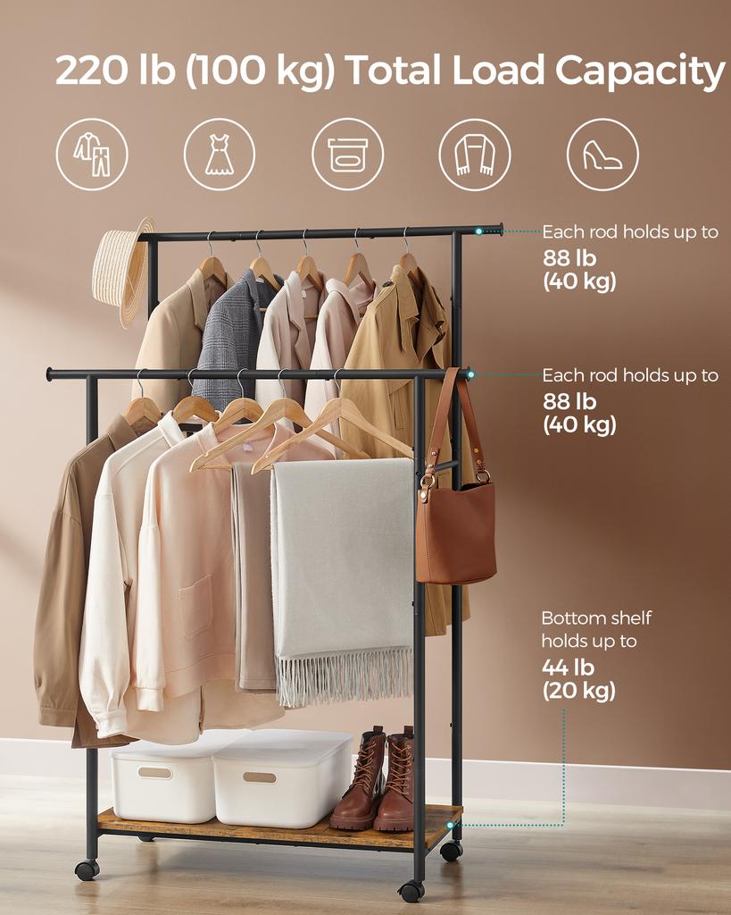SONGMICS HOME Clothes Rack, Clothing Rack On Wheels, Portable Garment Rack, with 1 Clothes Hanging Rail, Matchstick-Shaped Hooks