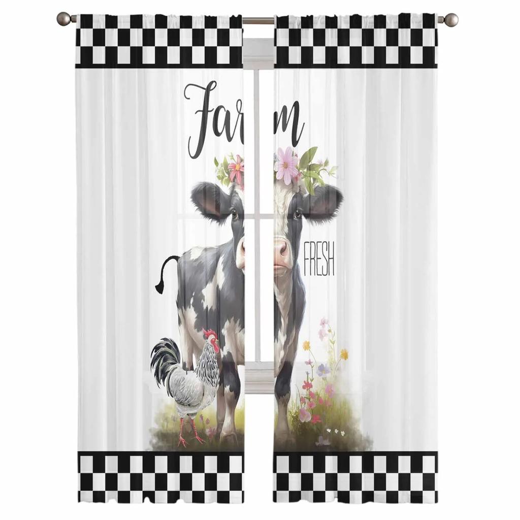 Bauernhof Plaid Kuh Hahn Gardinen für Wohnzimmer Küche Fenster Vorhänge Schlafzimmer Tüll Voile Vorhänge