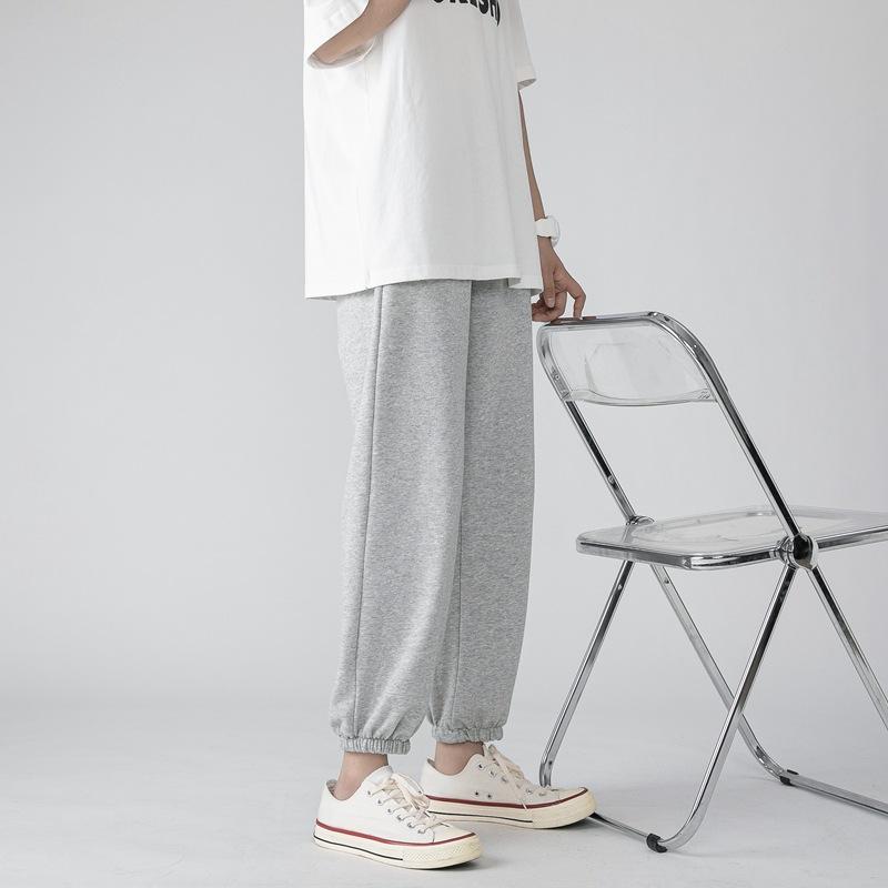 

Весенние тонкие мужские повседневные брюки в гонконгском стиле, свободные леггинсы с завязками, мужские универсальные укороченные спортивные брюки с микроэластичной резинкой S серый