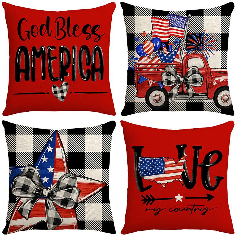 New Independence Day Flag Four-piece Set Five-Pointed Star Car Letter Print Plaid Bedroom Sofa Cushion Cover