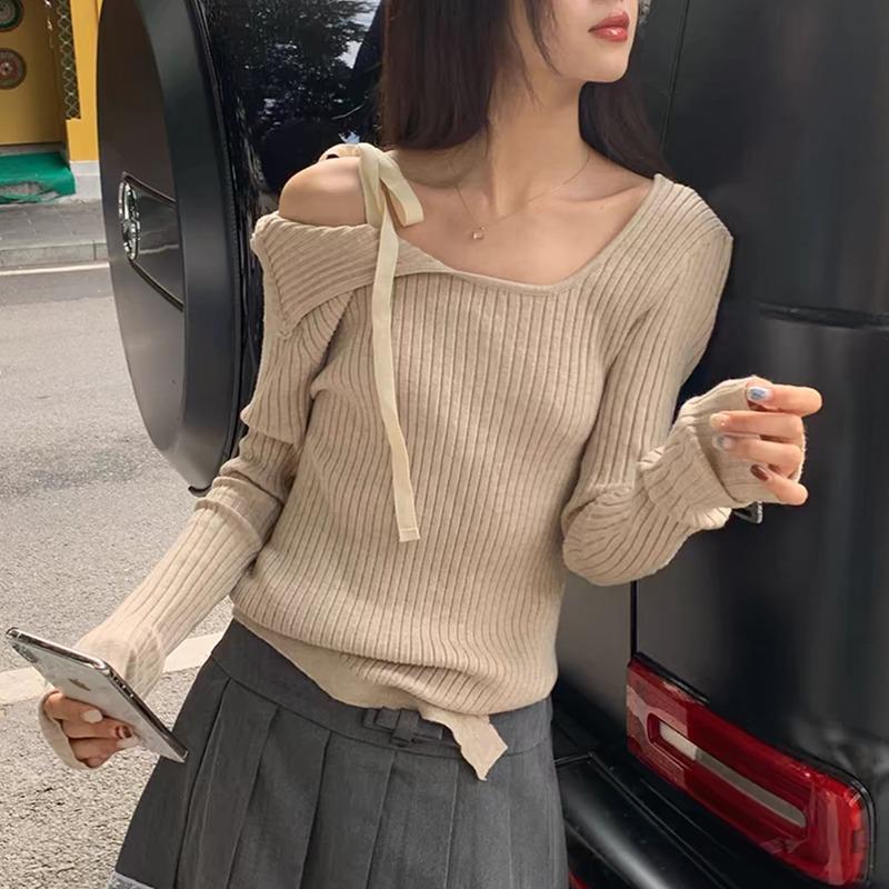 

Модный повседневный вязаный свитер с открытыми плечами, женский модный пуловер, облегающий, с бретелями, милый топ с длинными рукавами, женская осенне-зимняя базовая рубашка One Size