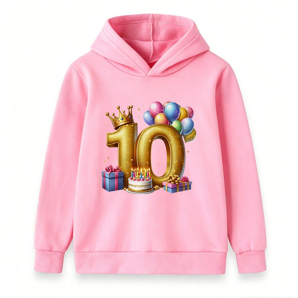 Kids Boys Girls 10th Birthday Hoodie Pullover, Golden Number 10 Crown Balloon Gift Cake Print Casual Hooded Sweatshirt For Birthday Party Gifts