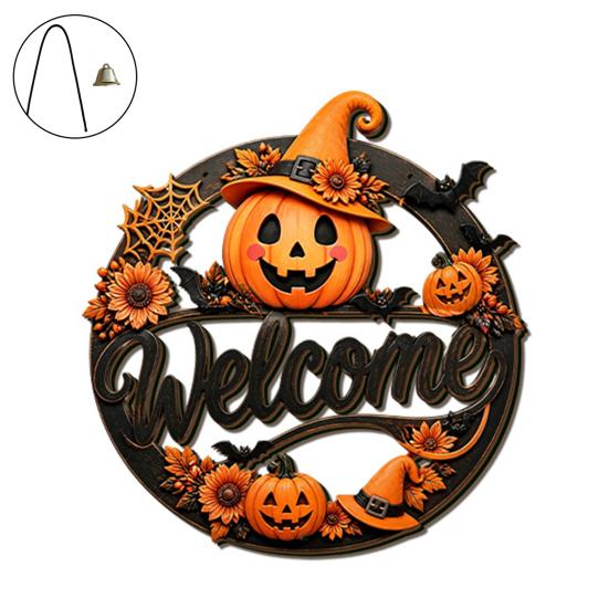 Durable Door Sign for Porch Halloween Pumpkin Ghost Wooden Welcome Hanger Sign, Cute Wall Ornament with Bell Front Hanging Rope, Decor Indoor Outdoor