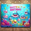One "Ocean Shark Theme" Birthday Party Backdrop Fabric Polyester Featuring Underwater Marine Creatures Design