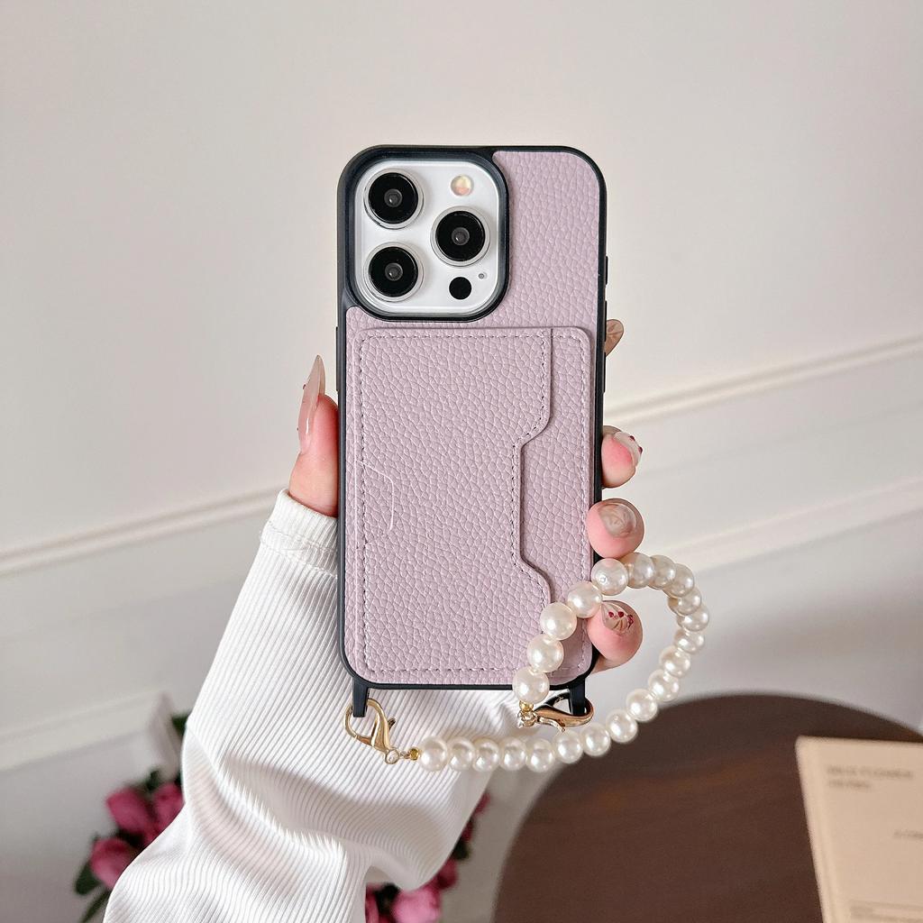 Skórzany Pasek na Nadgarstek z Koralikami z Etui na Telefon z Uchwytem na Karty dla IPhone 15 14 13 12 11 Pro Max 15 14 Plus Ochronne Wstrząsoodporne Etui