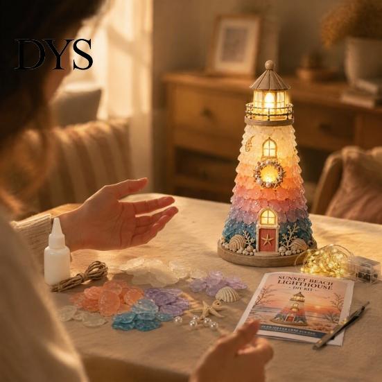 Coastal Inspired Ornaments Sea Glass Lighthouse DIY Kit, 3D Light Up Fragment Art Supplies Craft Lighted Ornament for Adults, Home Table Decoration