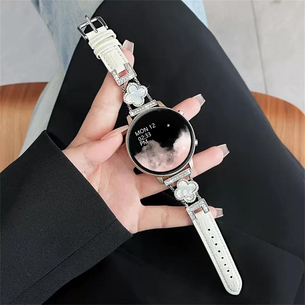 20mm 22mm Luxury Clover Diamonds Strap For Samsung Galaxy Watch 6 4 Classic 3 5 Pro 40 44 42 46 mm Leather Bracelet Women Band