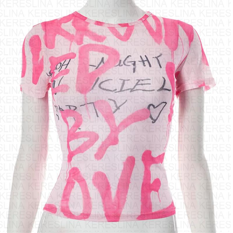 

Y2K Европейский и американский повседневный спортивный фитнес сетчатый сексуальный топ футболка L розовый