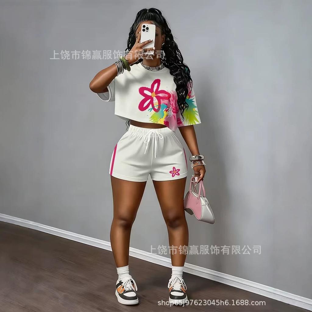 European and American street style number star print short T-shirt, elastic waist shorts, lazy two-piece outfit