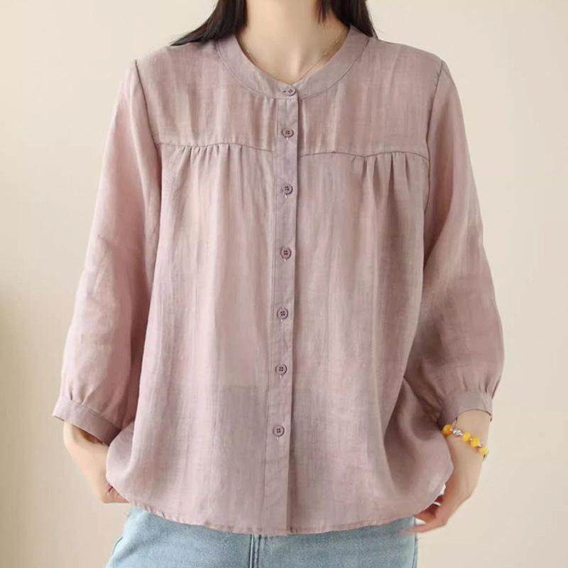 Spring/Summer Retro Slimming Cotton Linen Cardigan - Women's Seven-Sleeve Shirt