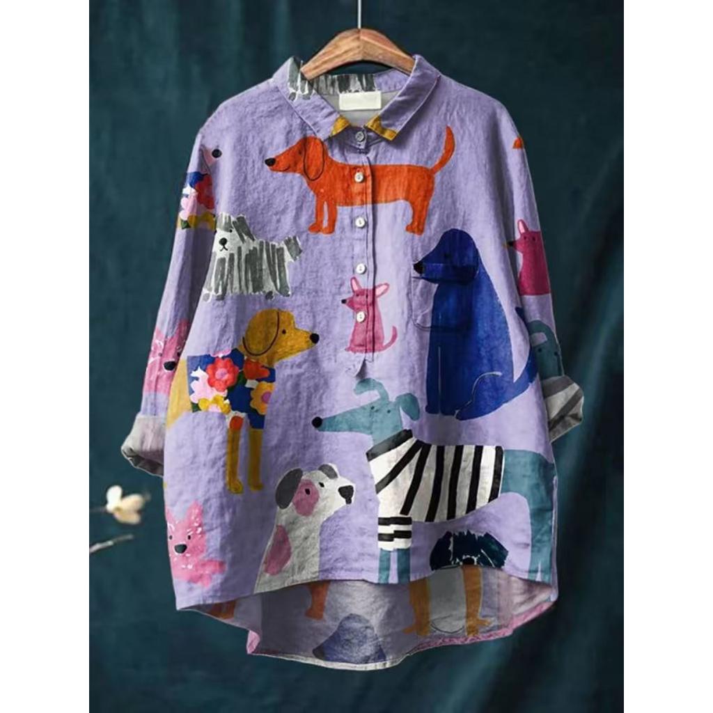 Ladies' Casual Loose Fit Floral Printed Button Up Shirt -Fish School Pattern