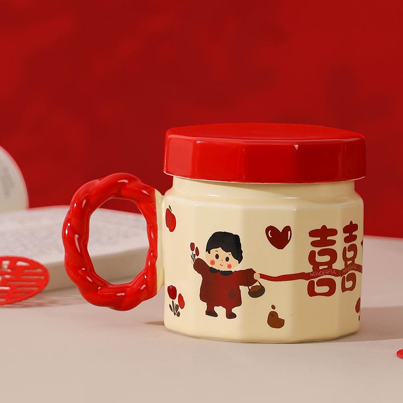 Ceramic mug souvenir, women's cup with lid, wedding gift for newlyweds, a pair of festive water cups for couples