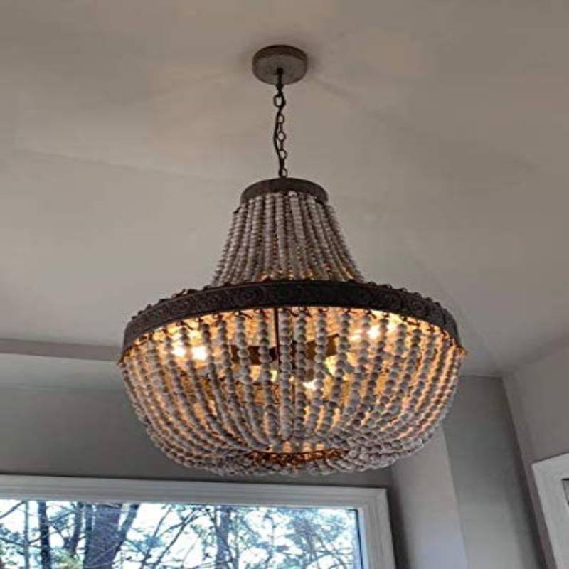 Retro Loft Vintage rustikale runde Holzperlen Pendelleuchte E27 LED Hängelampe Dekor Lichter modern