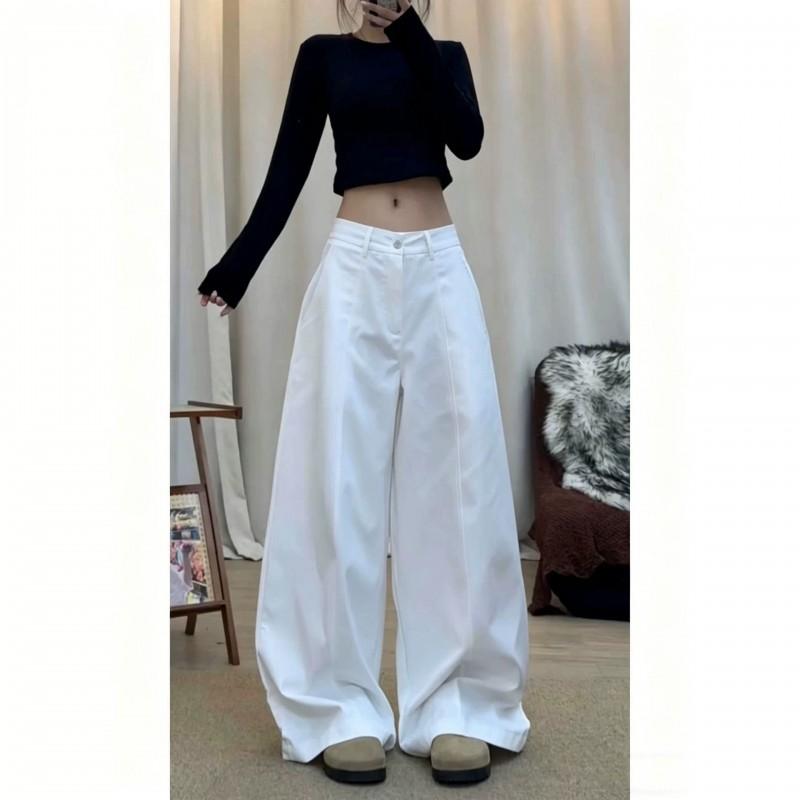 Womens White Wide Leg Trousers High Waist Loose Fit Casual Pants Vintage Relaxed Style
