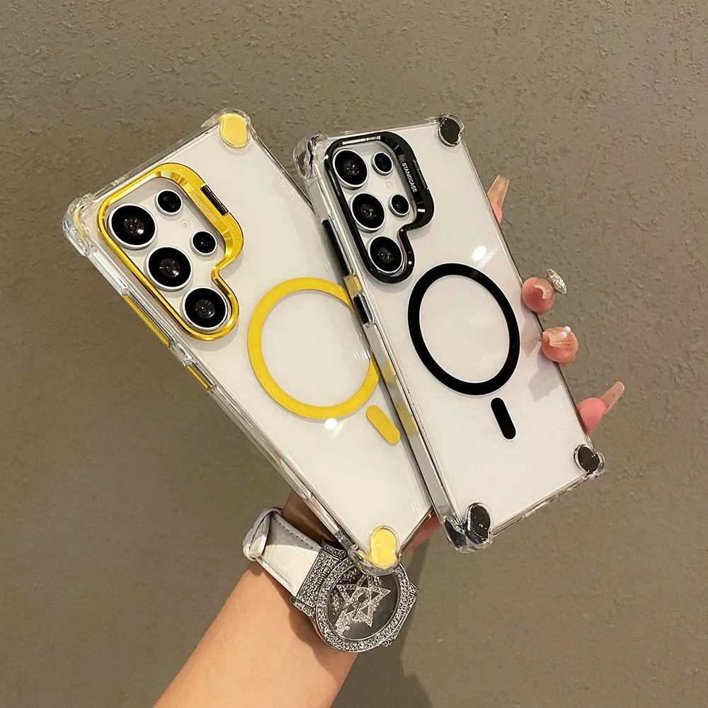 Magnetic Flip Stand Case For Samsung Galaxy S25 S24 S23 S22 Ultra Plus FE for Magsafe Wireless Charge Acrylic Shockproof Cover