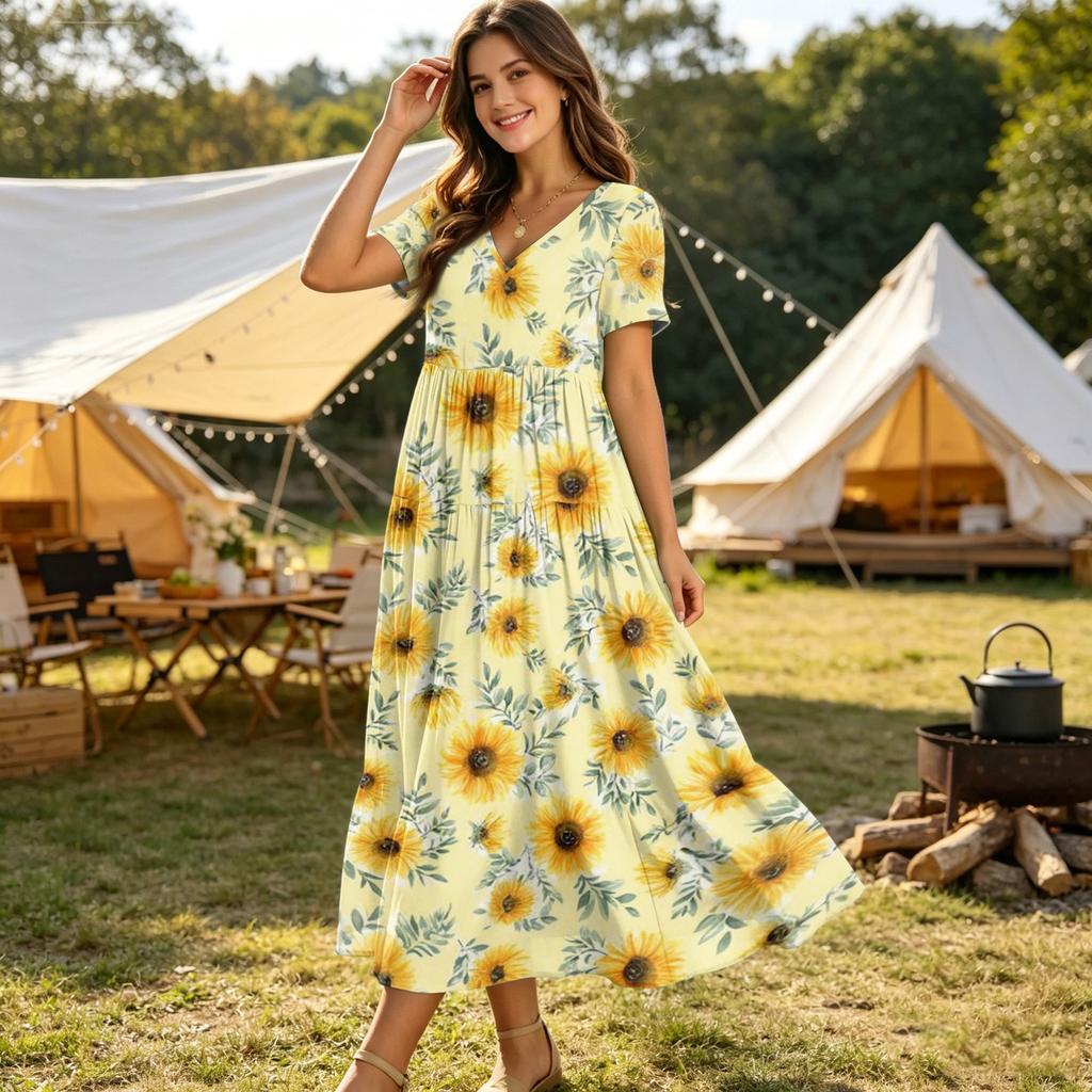 Women Casual Loose Bohemian Floral Dress Short Sleeve Long Maxi Summer Beach Swing Dress