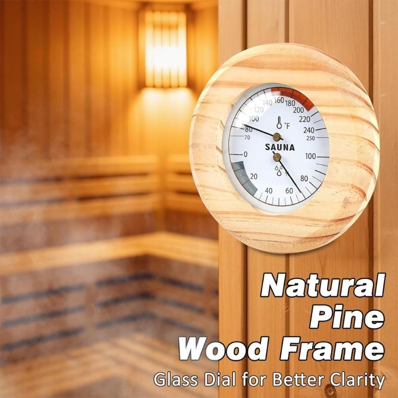 Wooden Bathroom Thermometers Hygrometer With Color Reference Zone Glass Cover For Sauna Room Temperature Humidity Display