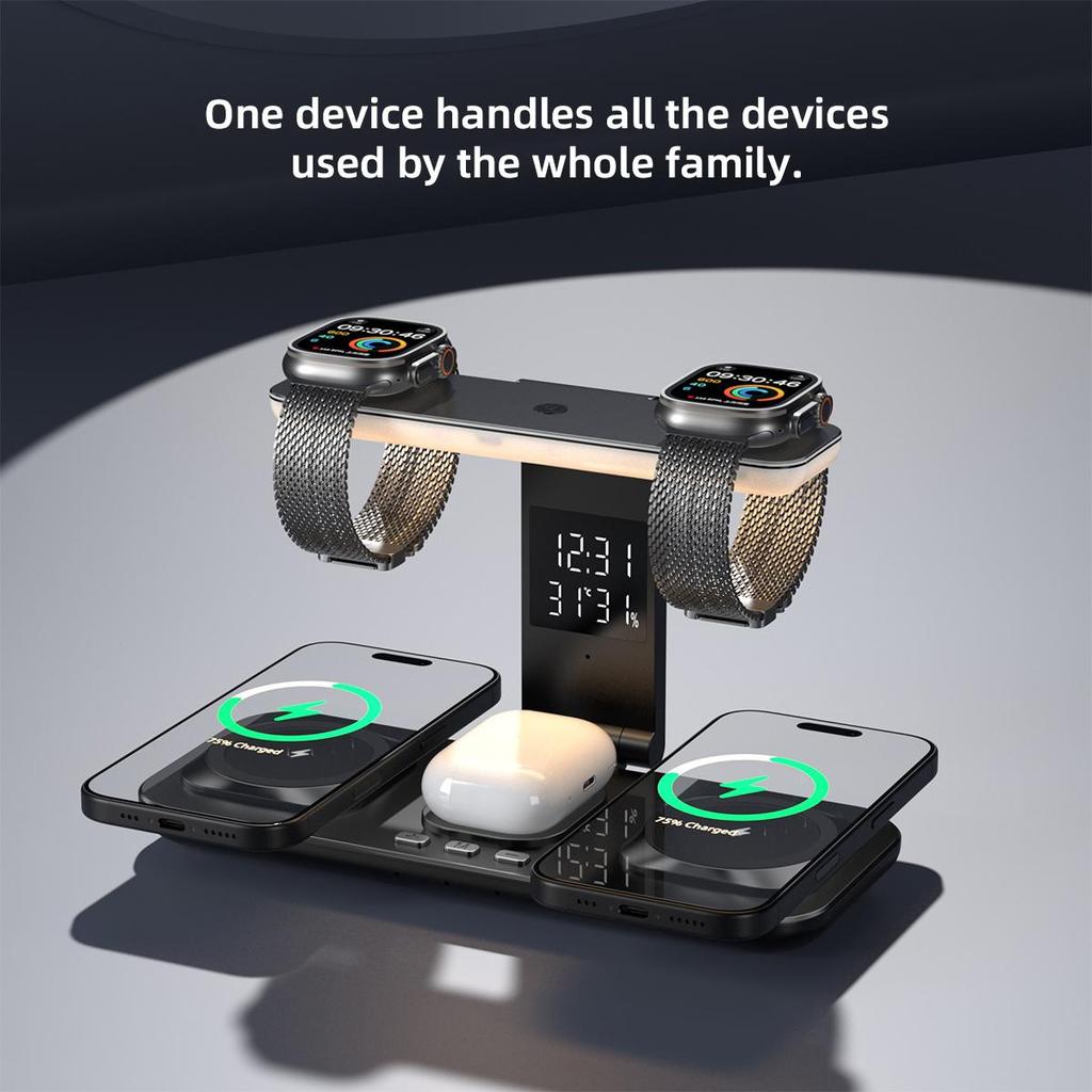 7 In 1 Dual Magnetic Wireless Charging Station for Samsung Foldable Charger with Clock LED Night Light
