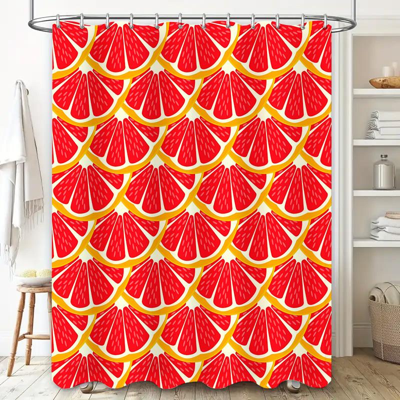 Bold Red Yellow Shower Curtain Decorate Bathroom with Orange Slice Pattern Fabric Bath Mat Waterproof Washable Polyester Backdro