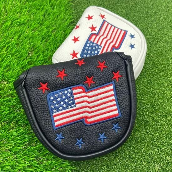 Golf Club Head Cover for Woods Driver Fairway Hybrid Faux Leather Mallet Putter Covers with Magnetic Closure US Flag Pattern Blade Headcover Protector