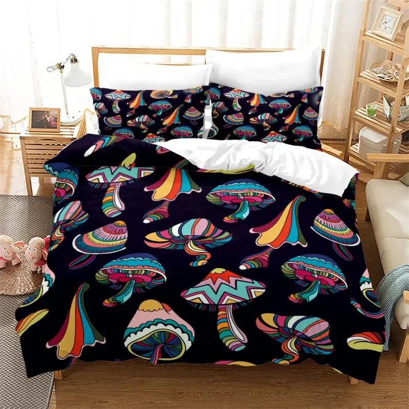Pilz Bettbezug Bunt Niedlich Cartoon Bettwäsche Set Einzelbett Doppelbett King für Teenager Jungen Mädchen Kinder Kawaii Botanische Pflanze Steppdeckenbezug